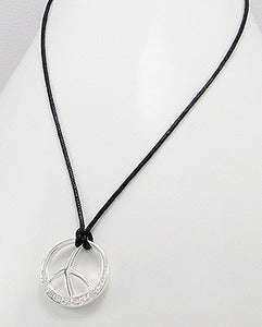Contemporary CZ Peace Sign Cotton Necklace Sterling