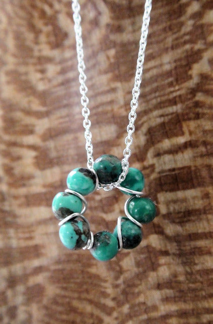 Dainty Turquoise Bead Sterling Wire Circle Necklace