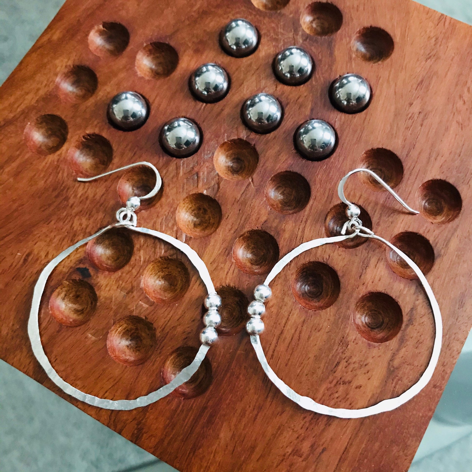 Hammered Hoop Earrings Sterling Silver Beaded Round Dangle