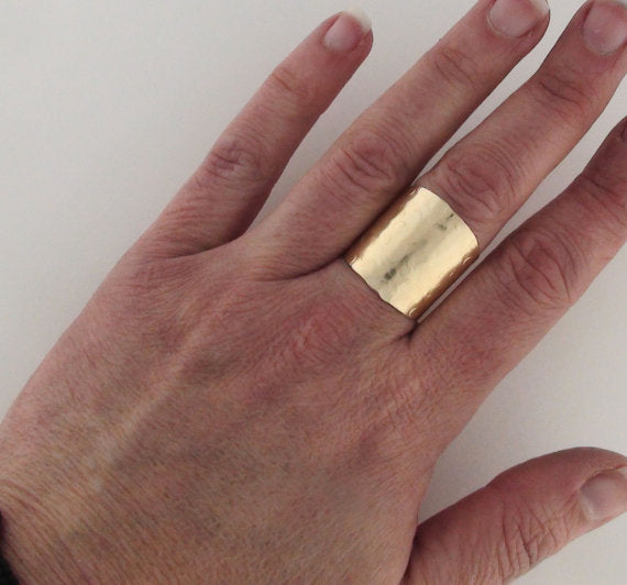 14K Gold Wide Band Ring Hammered Champagne Collection
