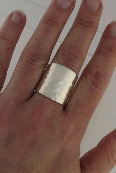 Wide  Band Ring Hammered Champagne Bubbles Sterling Silver Cuff Ring
