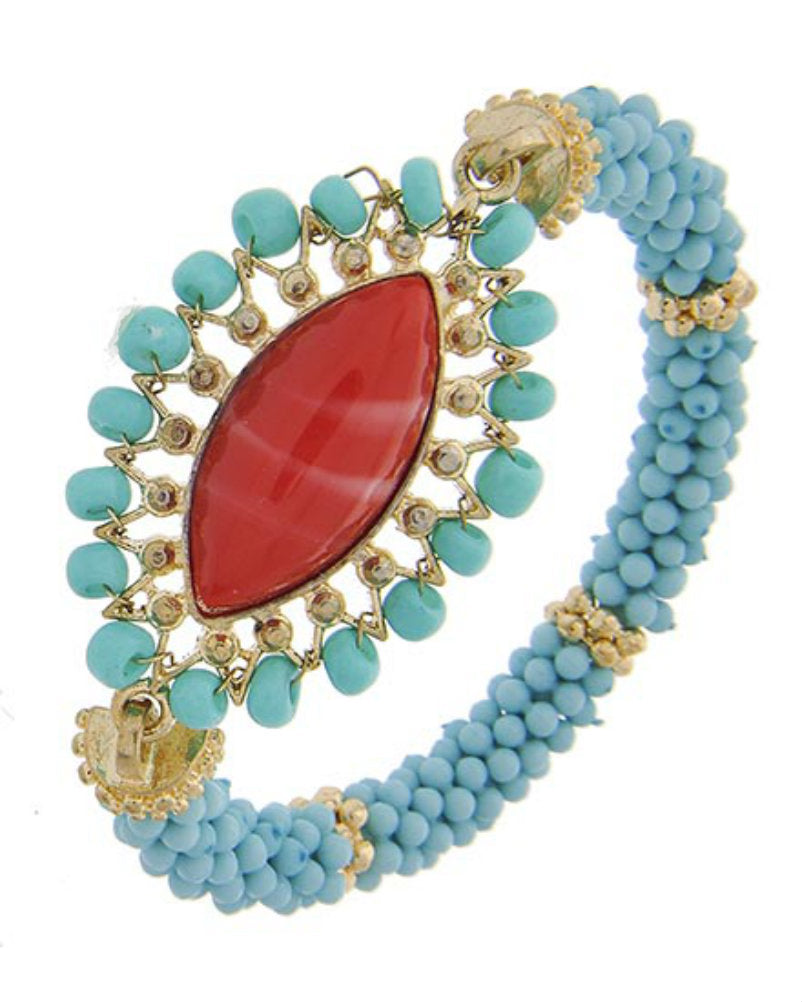 Turquoise Seed Bead Red Acrylic Jewel Fashion Stretch Bracelet