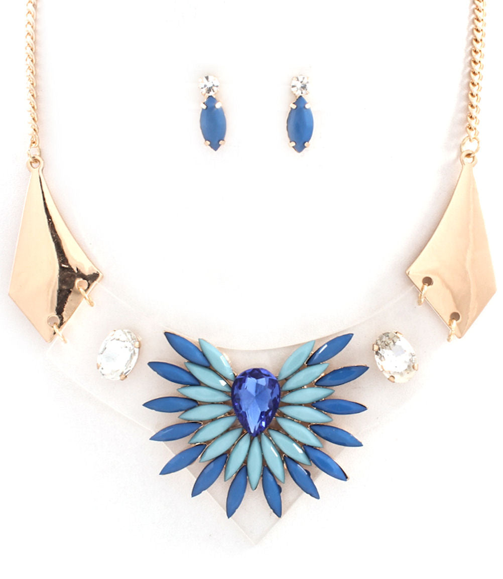 Blue Acrylic Fashion Blossom Statement Necklace Set Gold Tone Metal