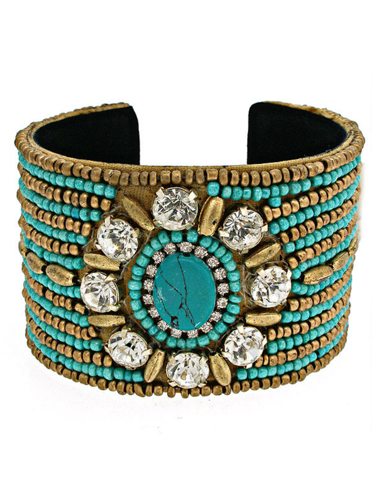 Turquoise Seed Bead Bronze Floral Sunburst Cuff Bracelet