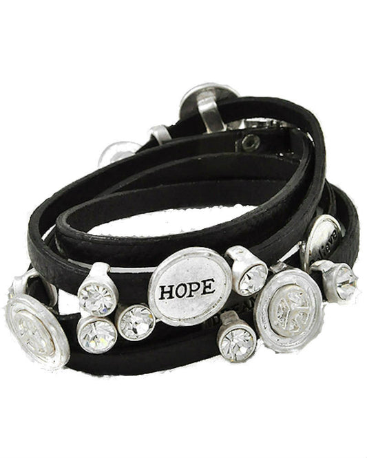 Wrap Bracelet Rhinestone Believe Hope Peace Silver tone Black Faux Leather