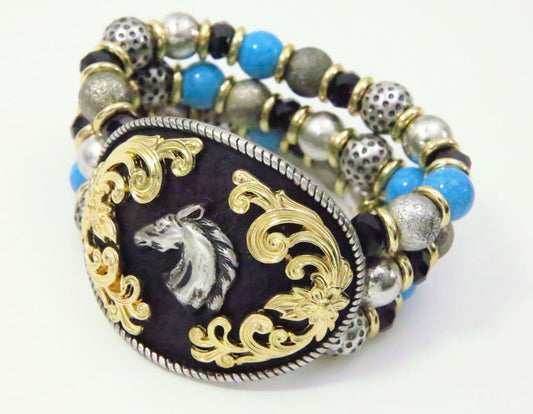 Western Horse Stretch Bracelet Turquoise Silver Tone Black Beads