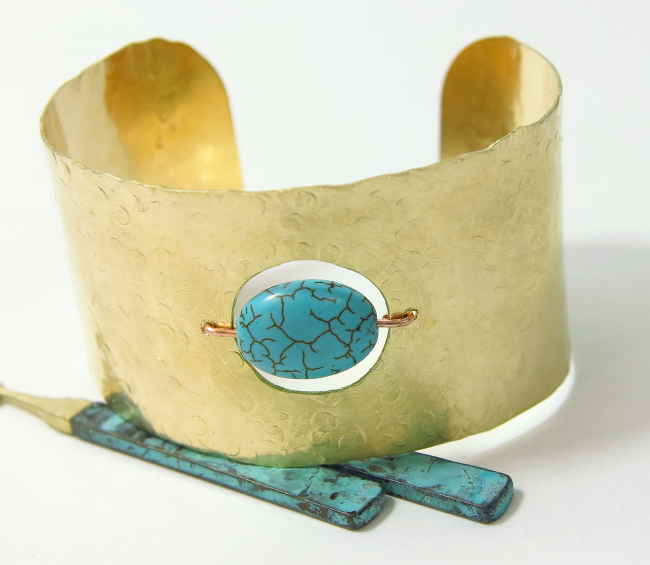 Handmade Brass Copper Turquoise Bead Hammered Cuff Bracelet