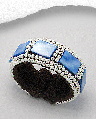 Blue  Mother Of Pearl Silver Tone Beads Cuff Bracelet
