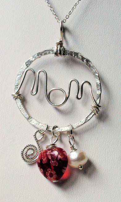 MOM Circle Pendant w/ Heart & Pearl Charms Sterling Silver