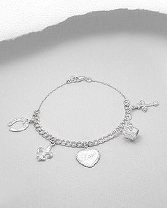 Charm Bracelet Fleur de Lis Horseshoe Heart Cross Crown 925