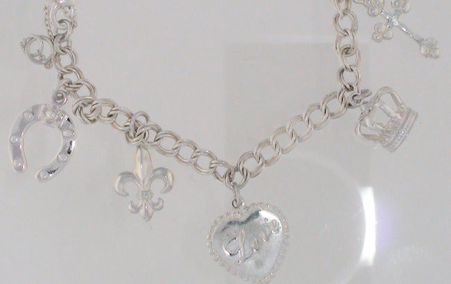 Charm Bracelet Fleur de Lis Horseshoe Heart Cross Crown 925