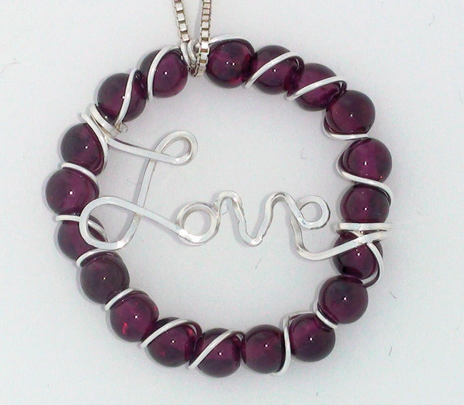 Garnet Bead Circle Wire Word Love Necklace Sterling Silver