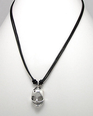 Sterling Silver Skull Necklace Black Leather Cord Goth Halloween