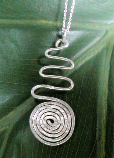 Sterling Silver Hammered Swirl and Wave Pendant Necklace