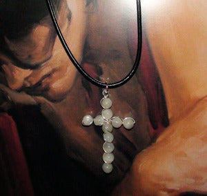 Moonstone Sterling And Black Leather Cross Necklace