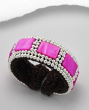 Fuschia Pink  Mother Of Pearl Silver Tone Beads Cuff Bracelet