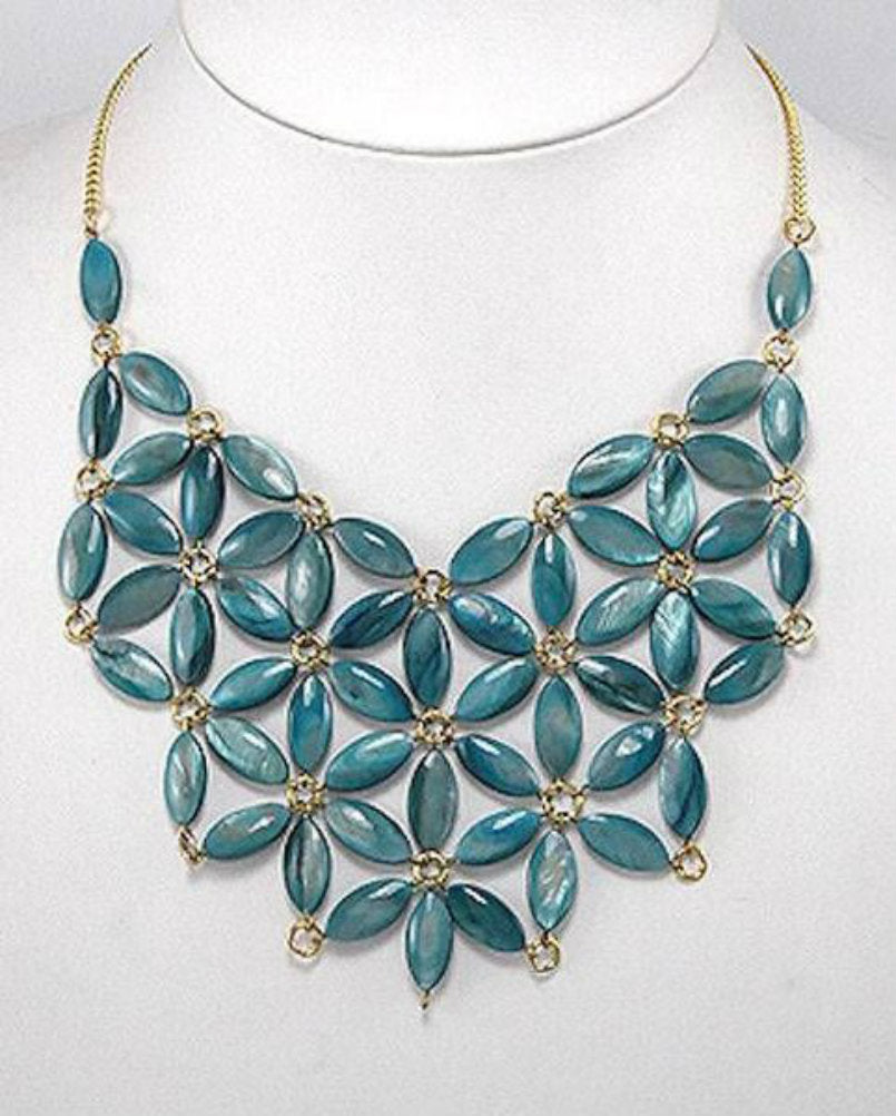 Genuine Turquoise Mother of Pearl Flower Bib Statement Necklace Gold Tone