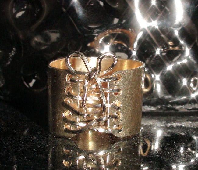 Corset Ring Gold Statement Ring Wide Band Tied up Boho Ring Brass