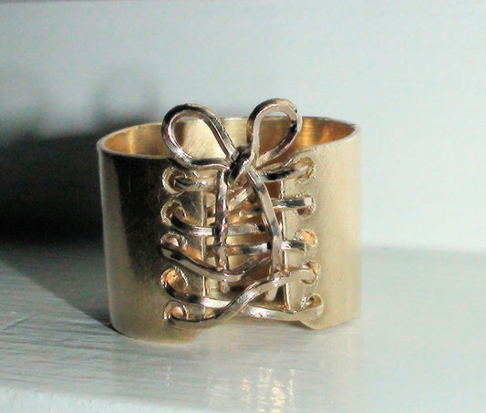 Corset Ring Gold Statement Ring Wide Band Tied up Boho Ring Brass
