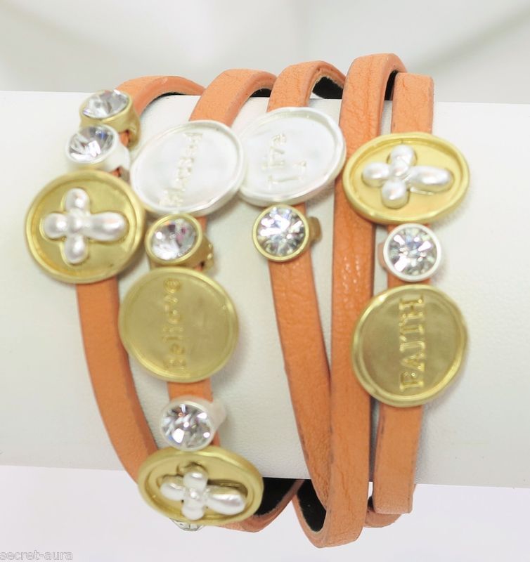 Two-tone Peach Orange Leather Cross Rhinestone Believe Live Wrap Bracelet