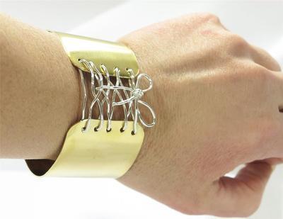Brass Sterling Silver Wire Tied up Bow Corset Wide Cuff Bangle Bracelet