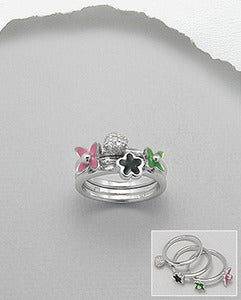 Sterling Silver Three Flower & CZ Stack Rings