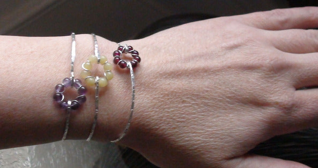 Lapis Jade Agate Garnet Amethyst Beaded Circle Bangle Bracelet, Dainty Cuff Bracelet