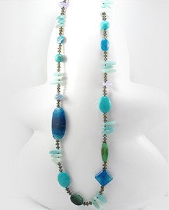 Blue Agate Turquoise Natural Stone & Glass Necklace 36"