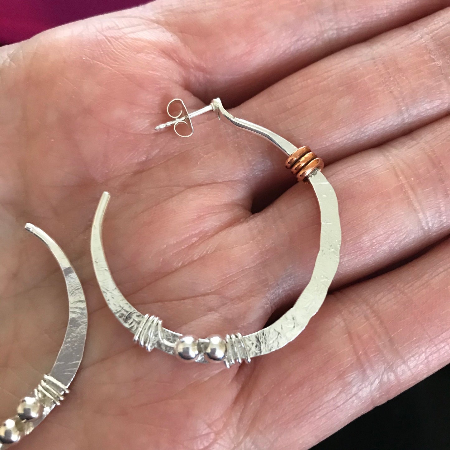 Hammered Beaded Hoop Earrings Sterling Silver Copper