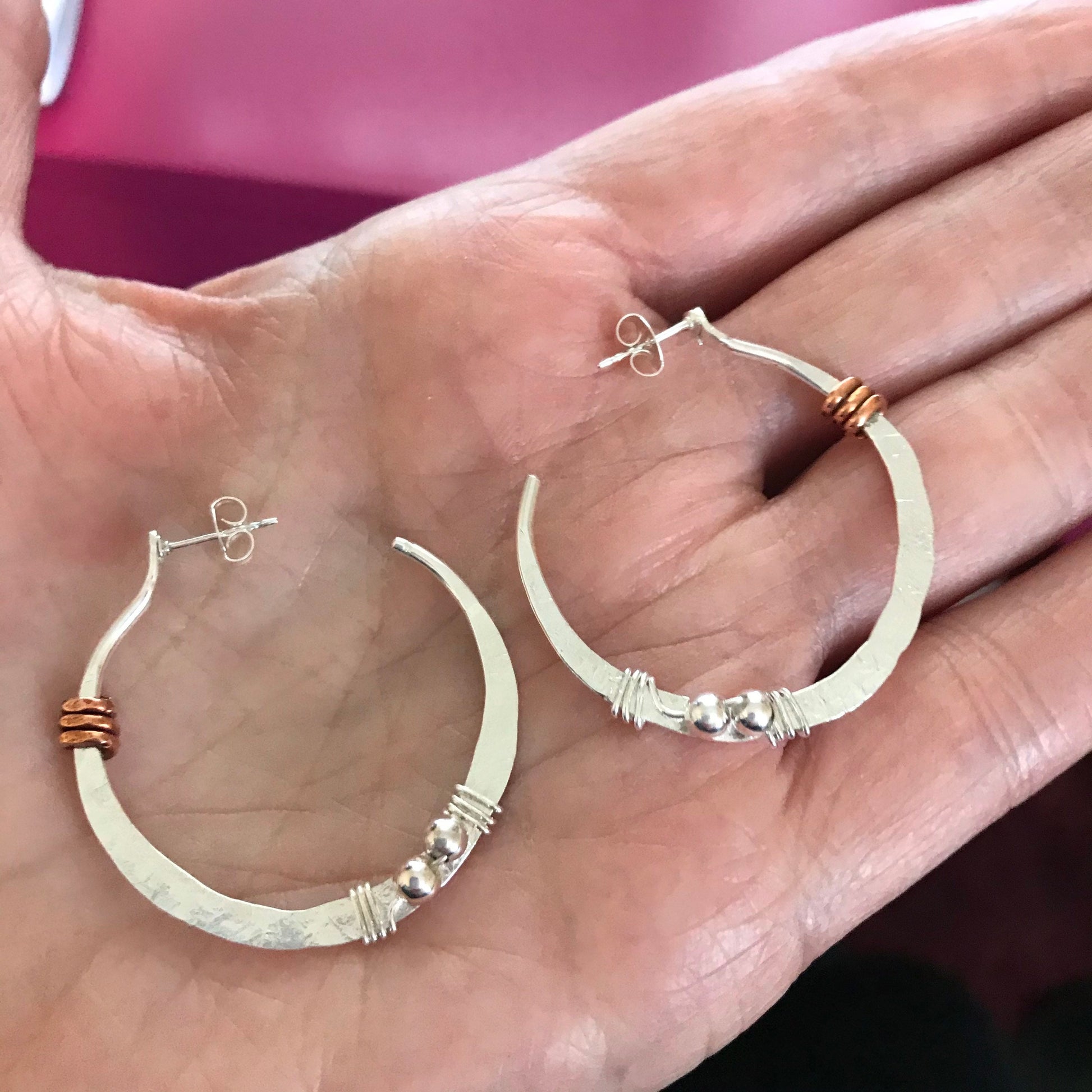 Sterling Silver Hoop Earrings Hammered Beaded Boho Hoops