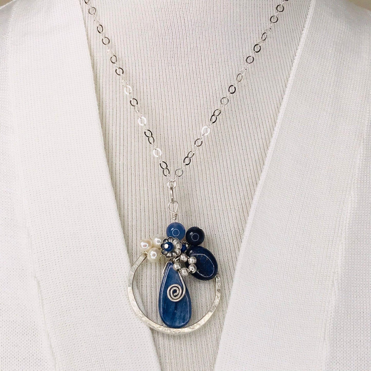 Kyanite Lapis Blue Chalcedony Sterling Silver Circle Pendant Necklace