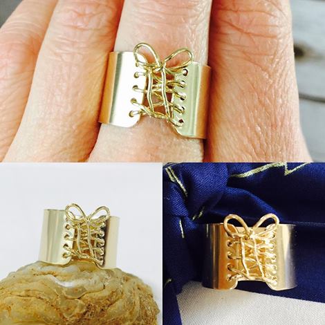 14K Gold Wide Corset Ring with 14K Gold Wire Lace Up & Bow